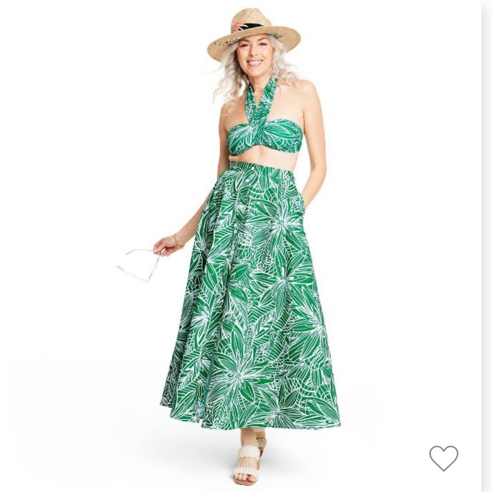 Tabitha Brown for Target Linear Floral Print Maxi Skirt Green Cotton Buttons Fun